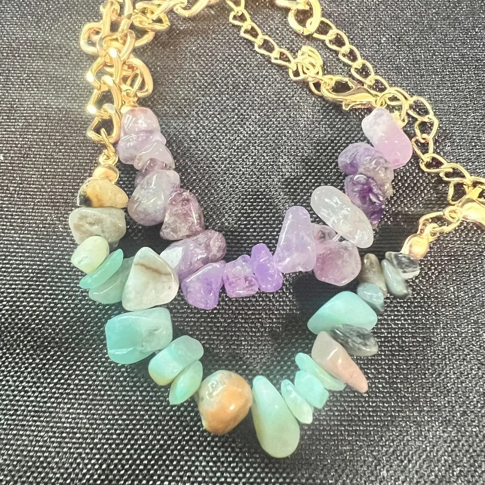 Set Of 2 Chip Stone Bracelets Green Purple‎ Gold Boho Style Color Pop Fun Y2K